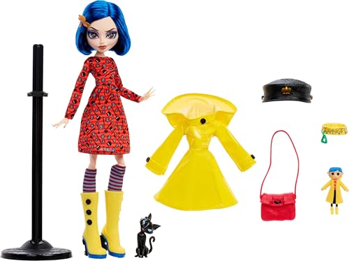 Monster High Skullector Doll, Coraline Collectible in Yellow Raincoat with Dress and Accessories Like Rag Doll, Cat Figure, and Doll Stand - Image 7
