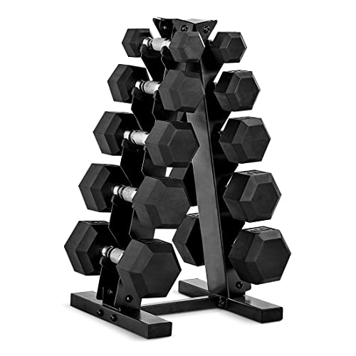 CAP Barbell 150 lb Rubber Coated Hex Dumbbell Set with Vertical Rack, Space-Saving A-Frame Storage for Home Gym Strength Training, Chrome Handle, Black Rack - Image 2