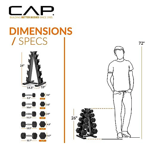 CAP Barbell 150 lb Rubber Coated Hex Dumbbell Set with Vertical Rack, Space-Saving A-Frame Storage for Home Gym Strength Training, Chrome Handle, Black Rack - Image 6