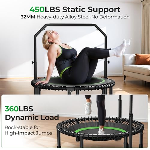 BCAN BT2 450/550LBS Mini Rebounder Trampoline for Adults with Bar, Fitness Trampoline with Bungees, Adjustable Handle, Stable & Quiet, Indoor Outdoor, Whole-Body Workout & Relaxation at Home-40IN-GRN - Image 5