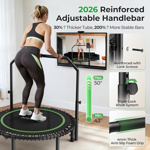 BCAN BT2 450/550LBS Mini Rebounder Trampoline for Adults with Bar, Fitness Trampoline with Bungees, Adjustable Handle, Stable & Quiet, Indoor Outdoor, Whole-Body Workout & Relaxation at Home-40IN-GRN - Image 6