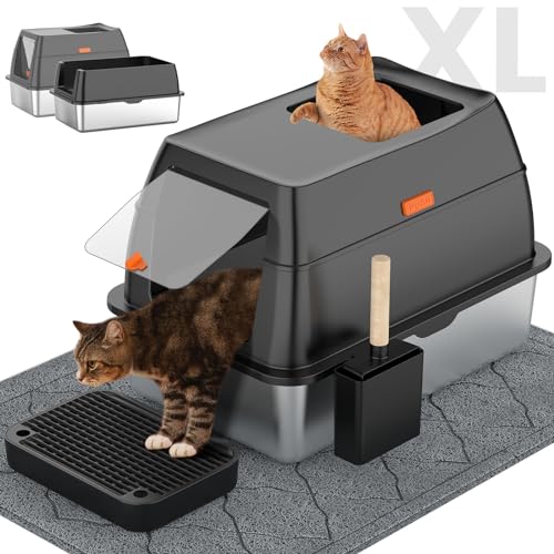 Stainless Steel Litter Box with Lid,Front Entry Top Exit Kitty LitterBox,Extra Large Enclosed Metal Cat Box with Litter Scoop & Litter Mat-Black - Image 2