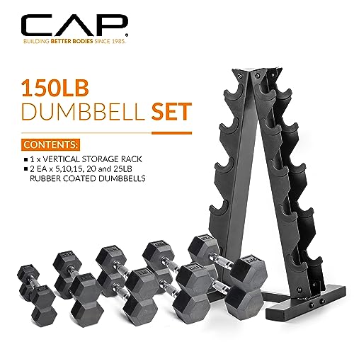 CAP Barbell 150 lb Rubber Coated Hex Dumbbell Set with Vertical Rack, Space-Saving A-Frame Storage for Home Gym Strength Training, Chrome Handle, Black Rack - Image 3