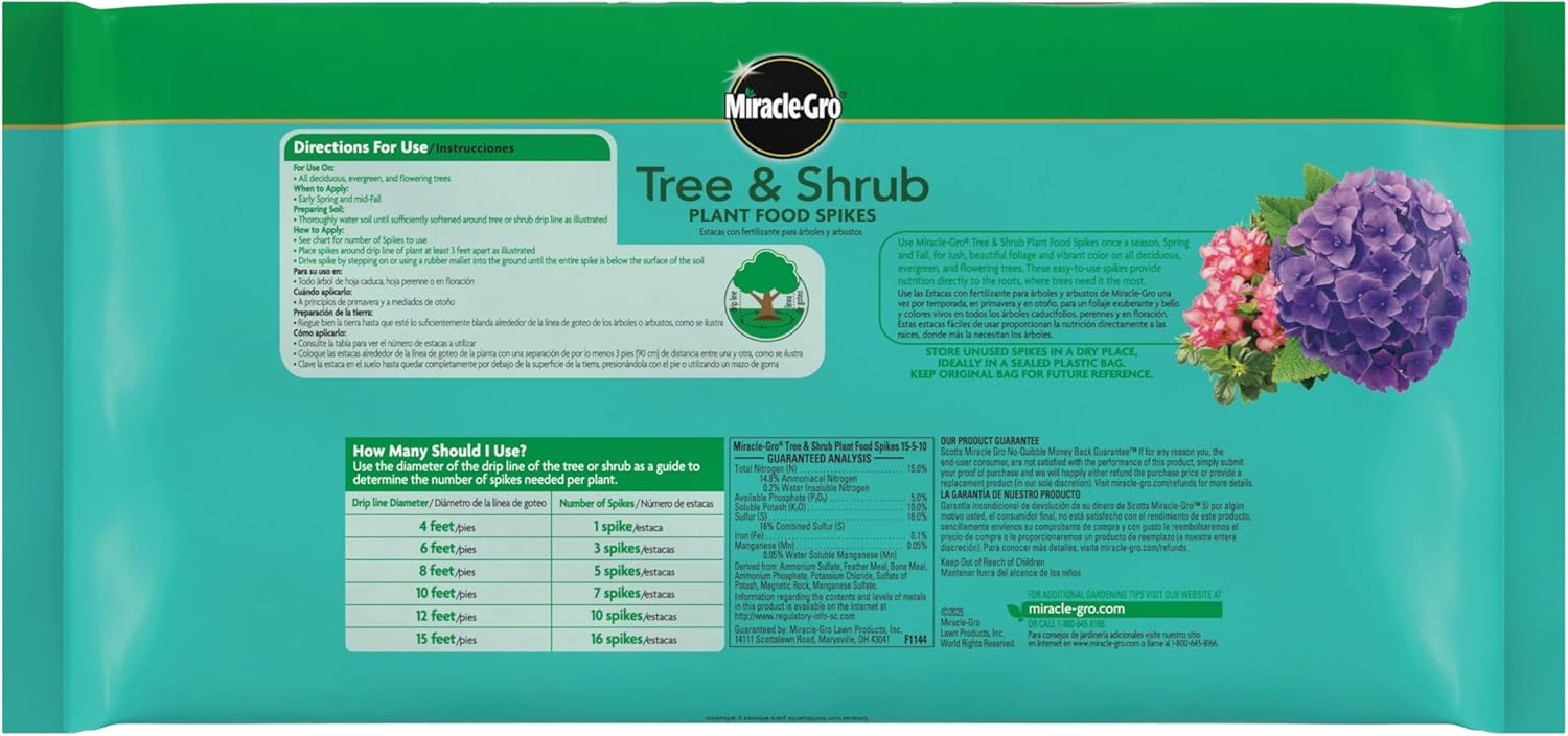 Miracle-Gro Tree and Shrub Plant Food Spikes - Deciduous, Flowering & Evergreen Tree Fertilizer Spikes, Hydrangeas, and Acid-Loving Plants, 12 Count, 3 lb.