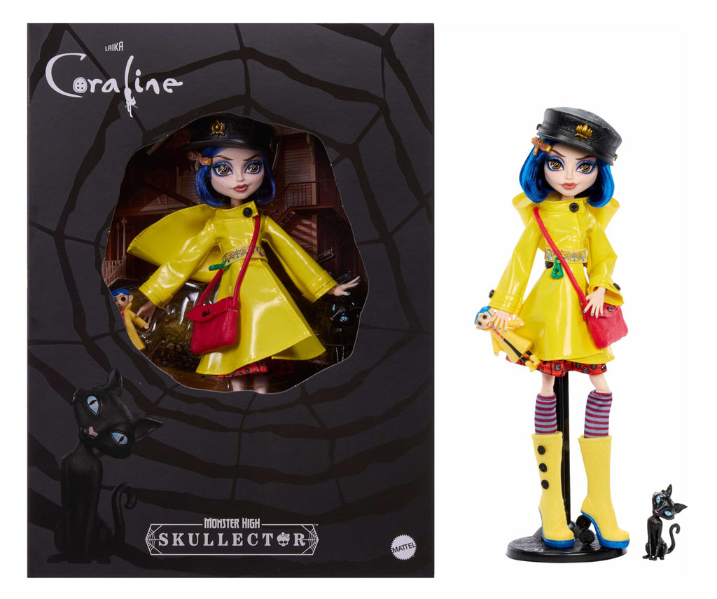 Monster High Skullector Doll, Coraline Collectible in Yellow Raincoat with Dress and Accessories Like Rag Doll, Cat Figure, and Doll Stand - Image 1
