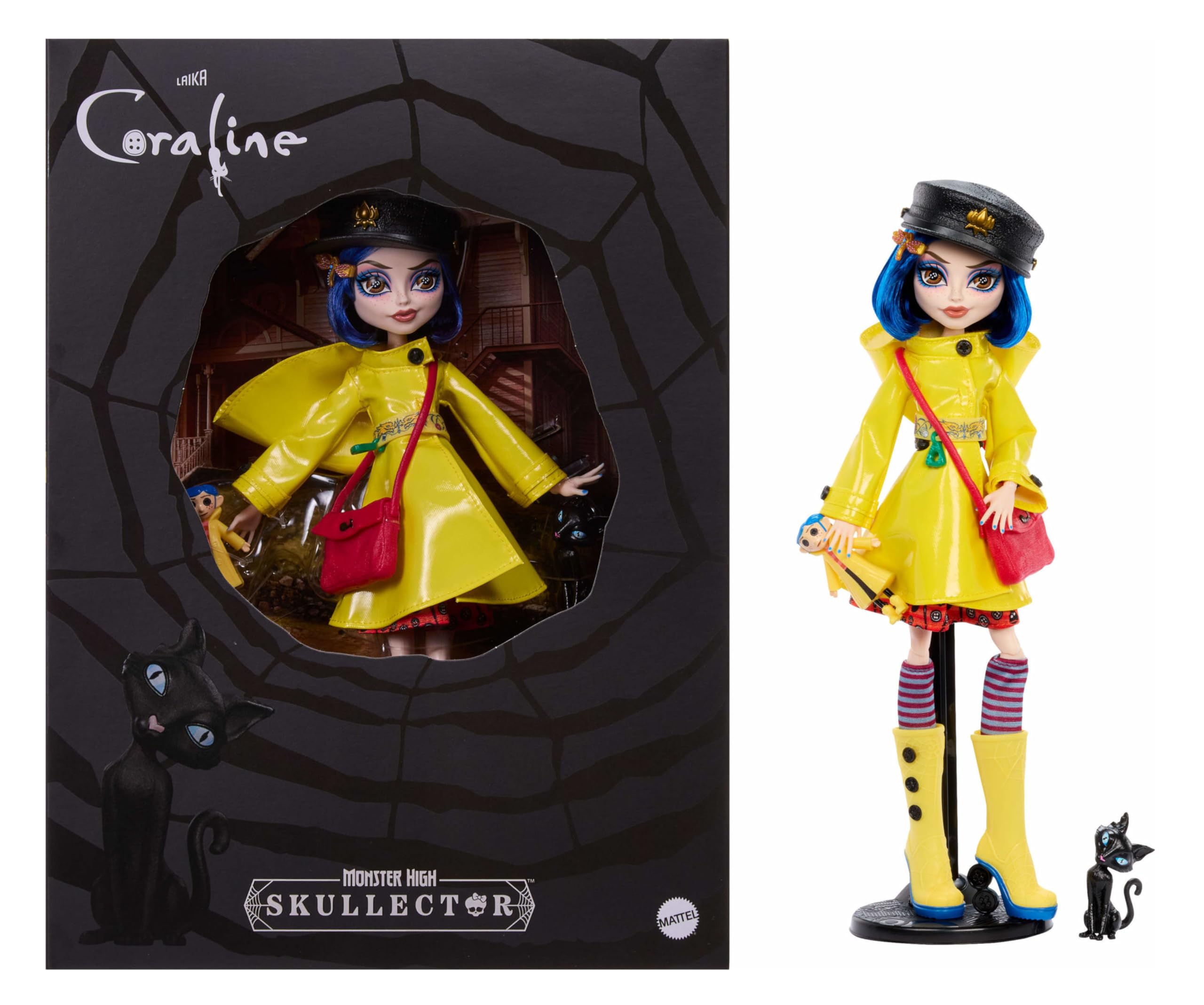 Monster High Skullector Doll, Coraline Collectible in Yellow Raincoat with Dress and Accessories Like Rag Doll, Cat Figure, and Doll Stand - Image 1