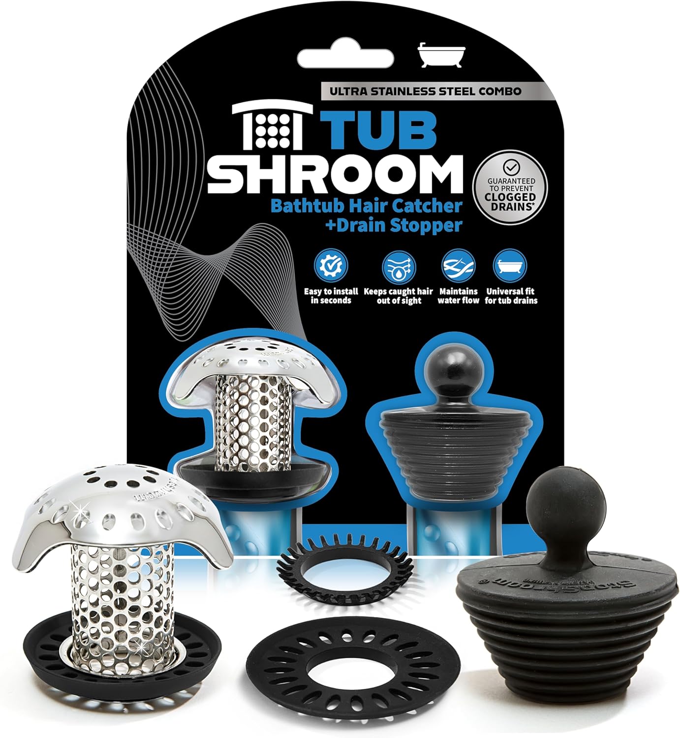TubShroom Ultra Revolutionary Bath Tub Drain Protector Hair Catcher/Strainer/Snare, Stainless Steel, Stainless Combo