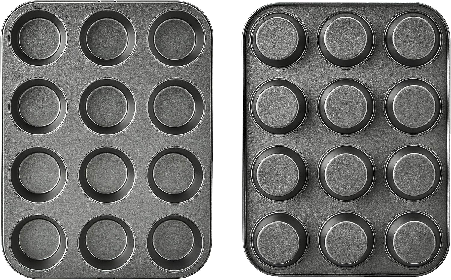 Amazon Basics Nonstick Muffin Pan, Set of 2, Sturdy, Oven Safe, Bakes Evenly, Easy to Clean, 12 Cups, Gray, 13.9x10.55x1.22"